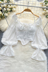 Chemisier court en mousseline de soie à volants et taille élastique, dos nu, slim, pour femme